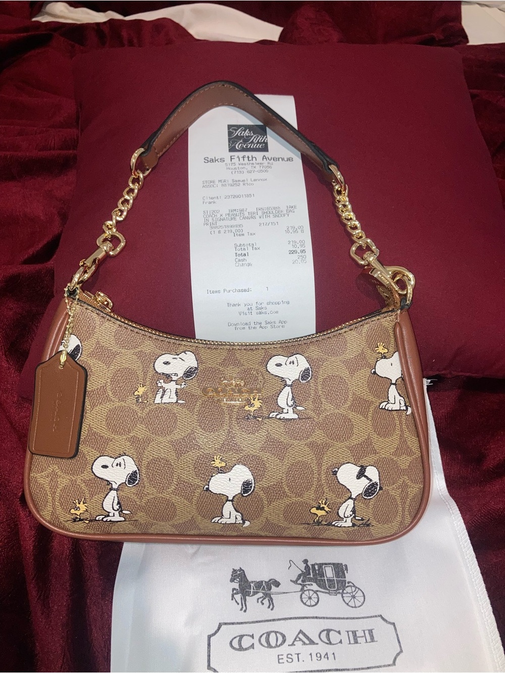 Coach Brown Signature Canvas Snoopy Shoulder Bag with Gold Hardware